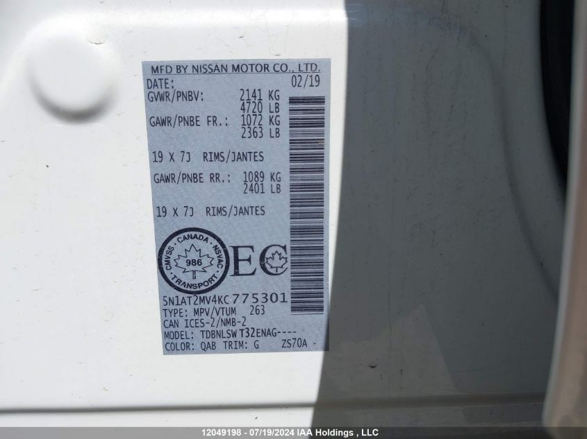 2019 Nissan Rogue VIN: 5N1AT2MV4KC775301 Lot: 12049198