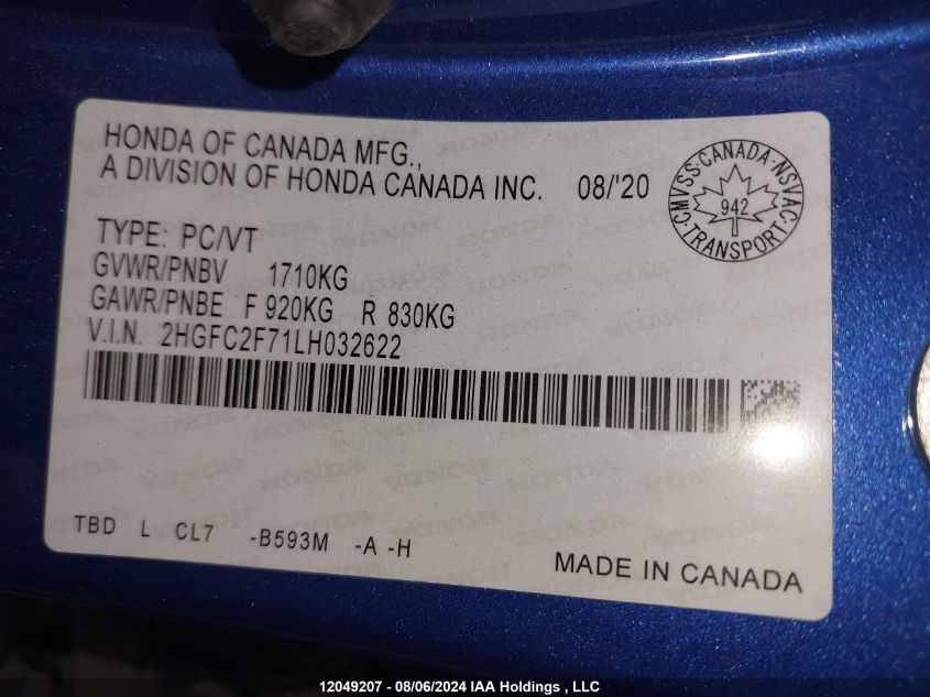 2020 Honda Civic VIN: 2HGFC2F71LH032622 Lot: 12049207