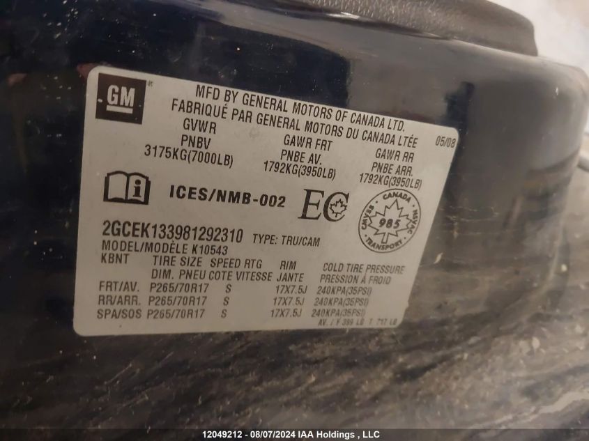 2008 Chevrolet Silverado 1500 VIN: 2GCEK133981292310 Lot: 12049212