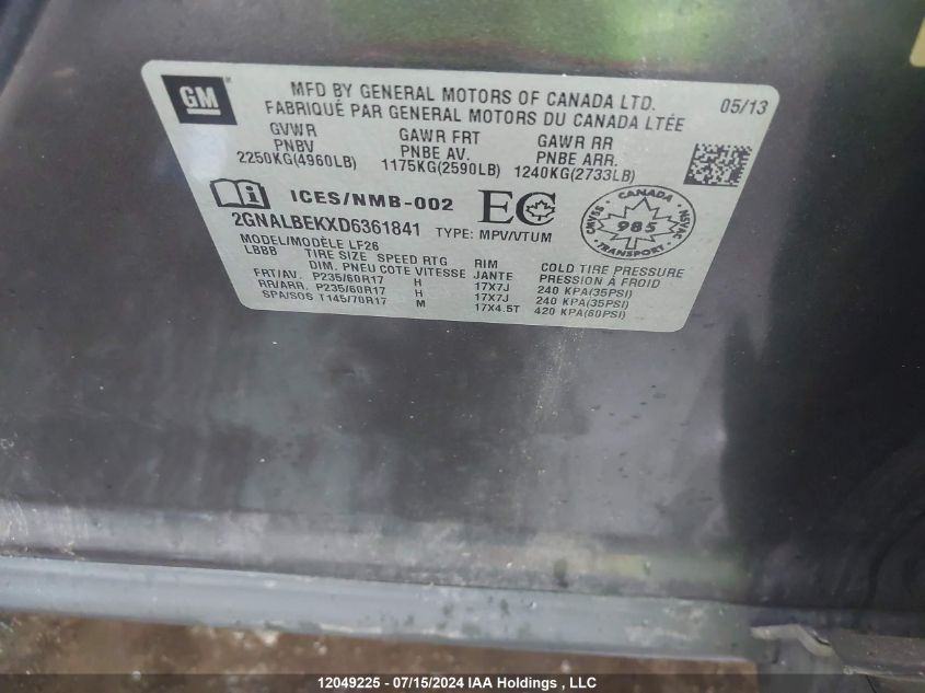 2013 Chevrolet Equinox VIN: 2GNALBEKXD6361841 Lot: 12049225