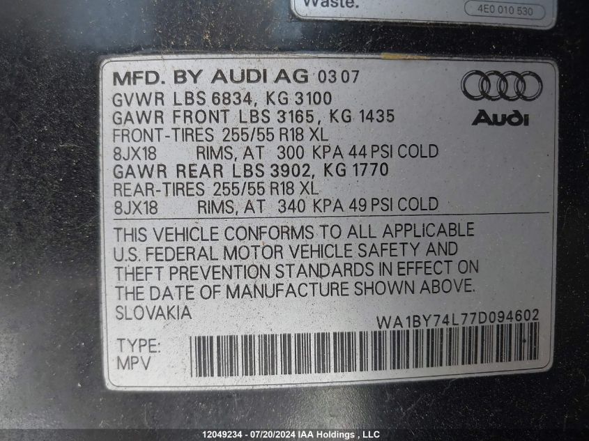 2007 Audi Q7 VIN: WA1BY74L77D094602 Lot: 12049234