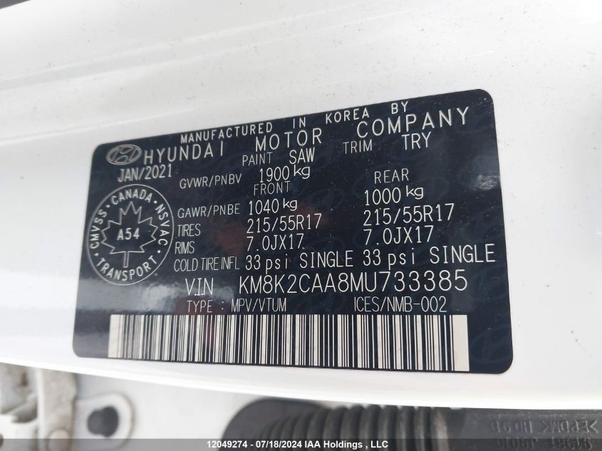 2021 Hyundai Kona Preferred Awd VIN: KM8K2CAA8MU733385 Lot: 12049274