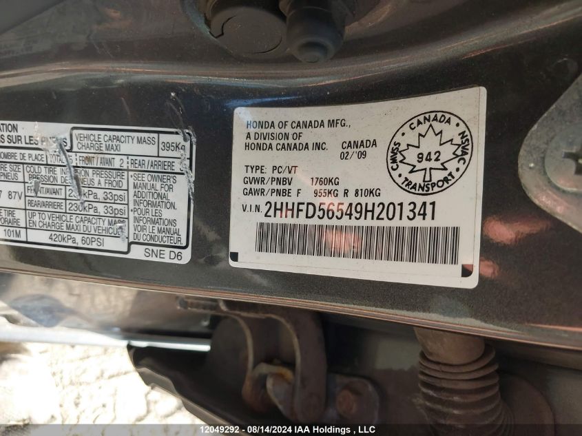 2009 Acura Csx VIN: 2HHFD56549H201341 Lot: 12049292