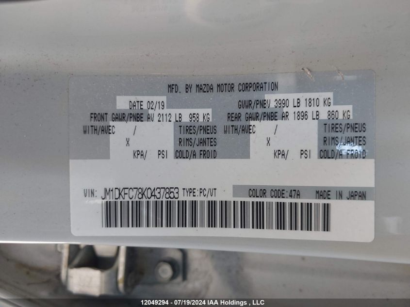2019 Mazda Cx-3 VIN: JM1DKFC78K0437853 Lot: 12049294