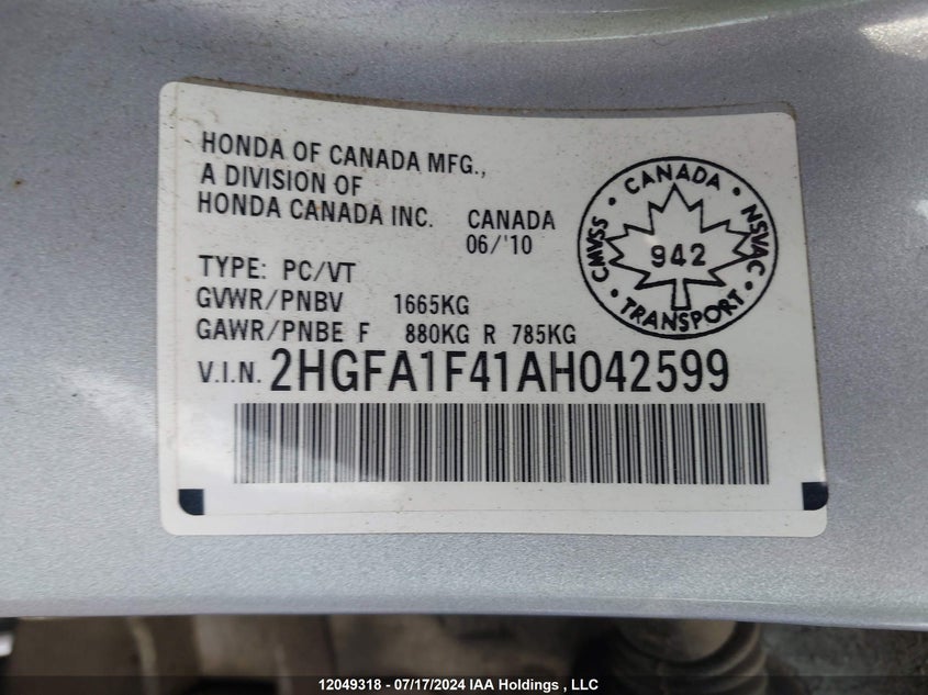 2010 Honda Civic Sdn VIN: 2HGFA1F41AH042599 Lot: 12049318