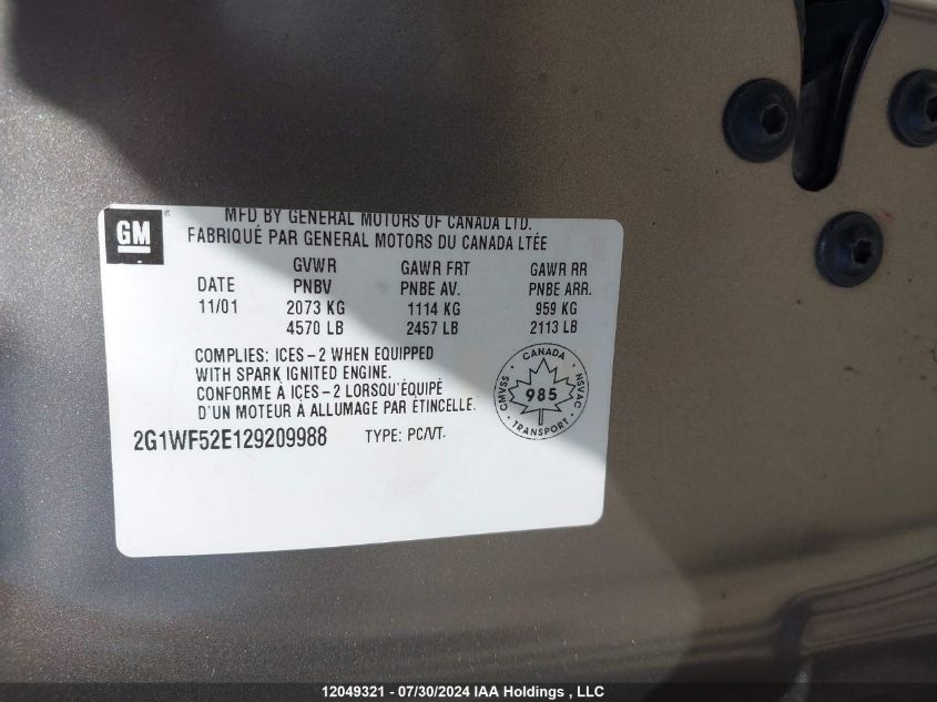 2002 Chevrolet Impala VIN: 2G1WF52E129209988 Lot: 12049321