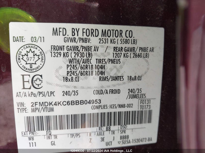 2011 Ford Edge Limited VIN: 2FMDK4KC6BBB04953 Lot: 12049330