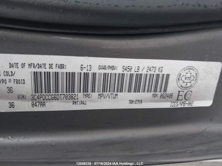 2013 Dodge Journey Crew VIN: 3C4PDCCG6DT703821 Lot: 12049335