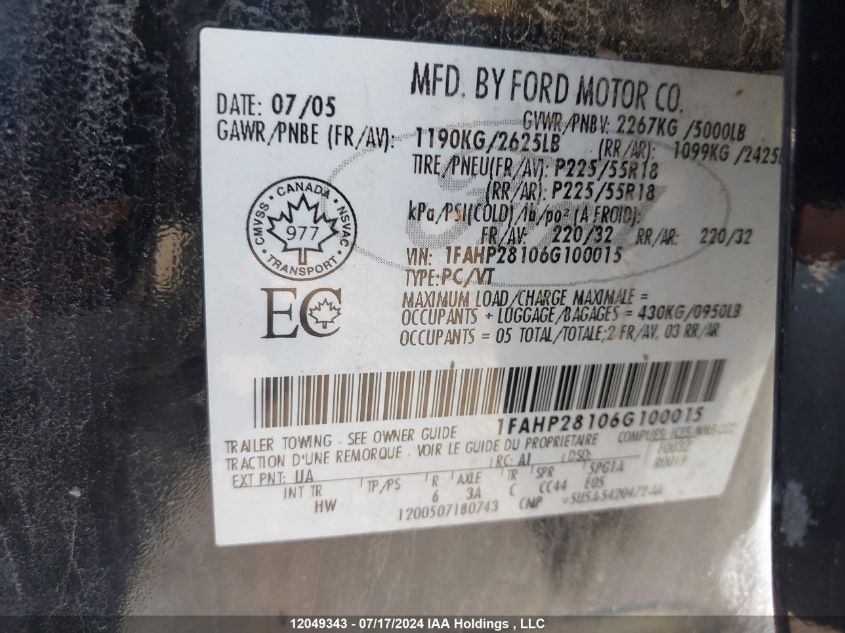2006 Ford Five Hundred Limited VIN: 1FAHP28106G100015 Lot: 12049343