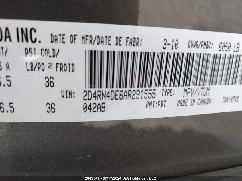 2010 Dodge Grand Caravan Se VIN: 2D4RN4DE6AR291555 Lot: 12049347