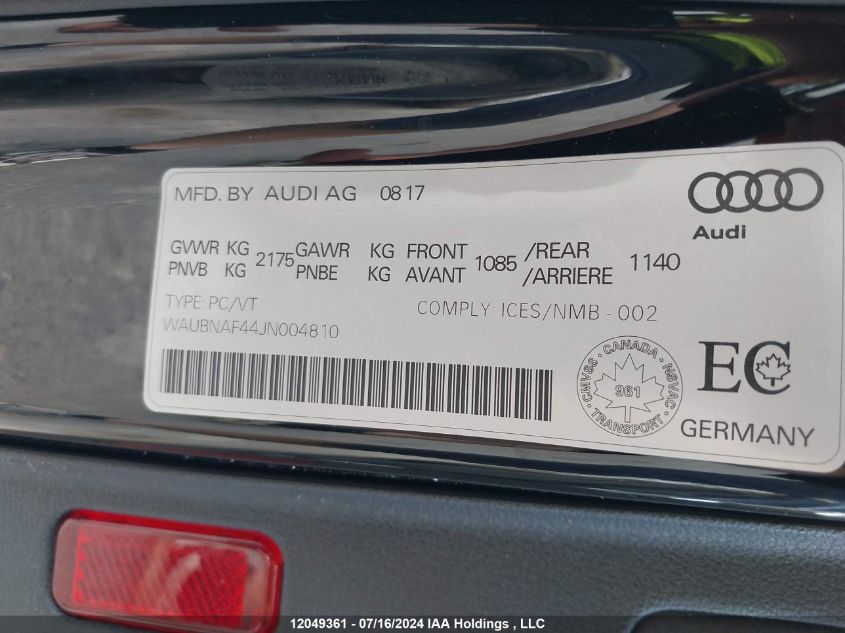 2018 Audi A4 Progressiv VIN: WAUBNAF44JN004810 Lot: 12049361