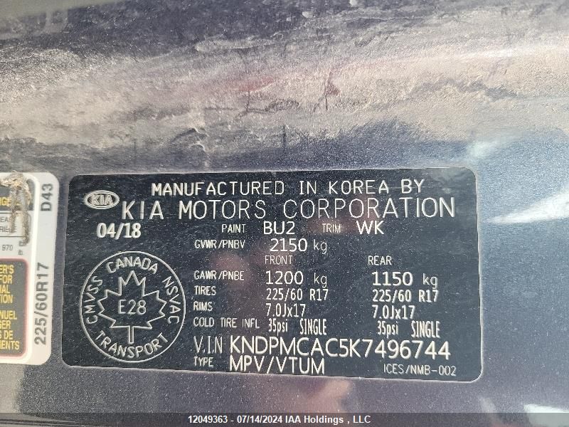 2019 Kia Sportage VIN: KNDPMCAC5K7496744 Lot: 12049363