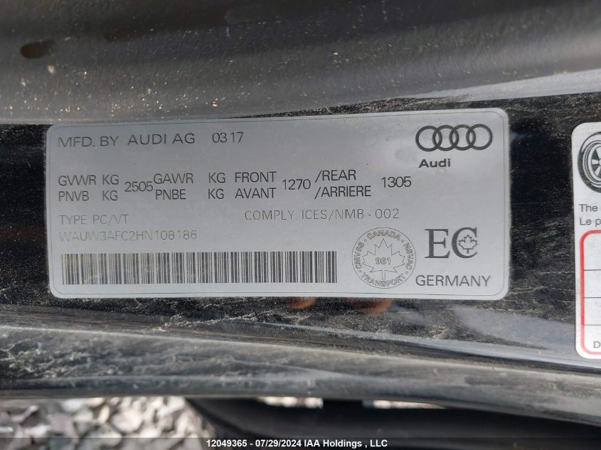 2017 Audi A7 VIN: WAUW3AFC2HN108186 Lot: 12049365