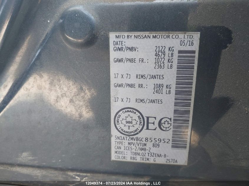 2016 Nissan Rogue VIN: 5N1AT2MV8GC855952 Lot: 12049374