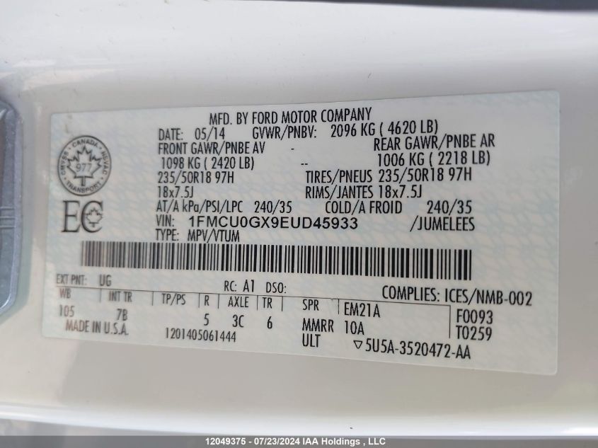 2014 Ford Escape Se VIN: 1FMCU0GX9EUD45933 Lot: 12049375