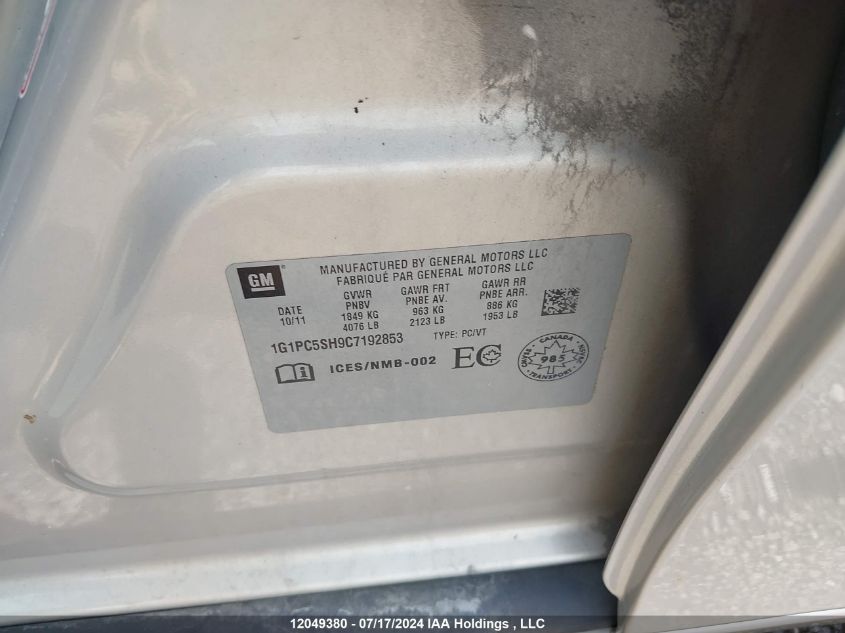 2012 Chevrolet Cruze VIN: 1G1PC5SH9C7192853 Lot: 12049380