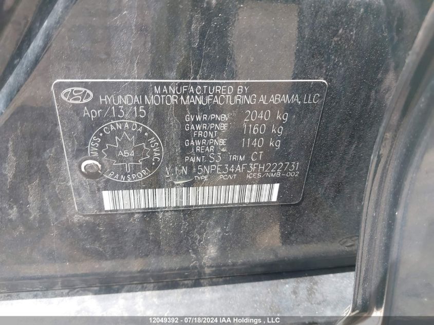 2015 Hyundai Sonata Sport VIN: 5NPE34AF3FH222731 Lot: 12049392