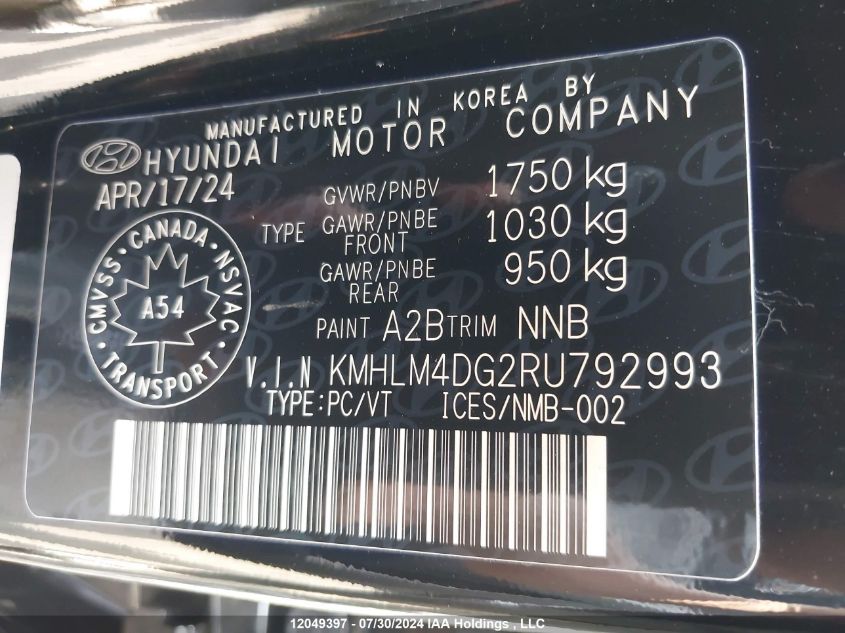 2024 Hyundai Elantra Sel VIN: KMHLM4DG2RU792993 Lot: 12049397