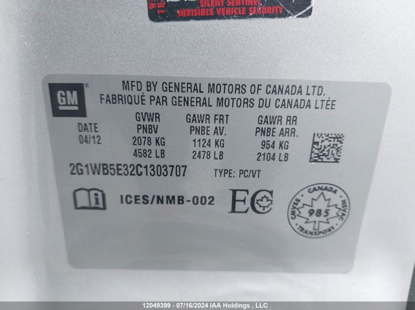 2012 Chevrolet Impala VIN: 2G1WB5E32C1303707 Lot: 12049399