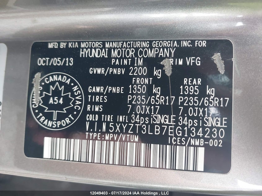 2014 Hyundai Santa Fe Sport VIN: 5XYZT3LB7EG134230 Lot: 12049403