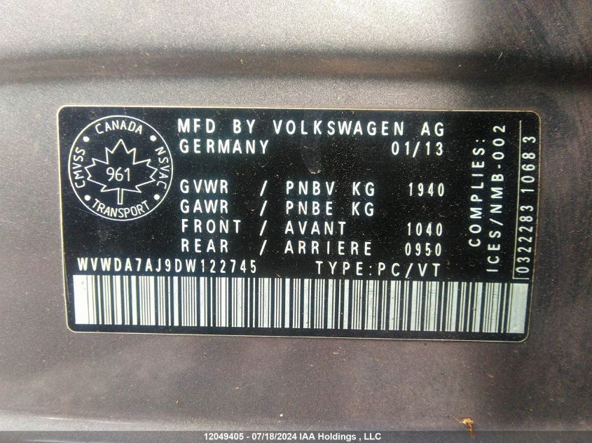 2013 Volkswagen Golf VIN: WVWDA7AJ9DW122745 Lot: 12049405