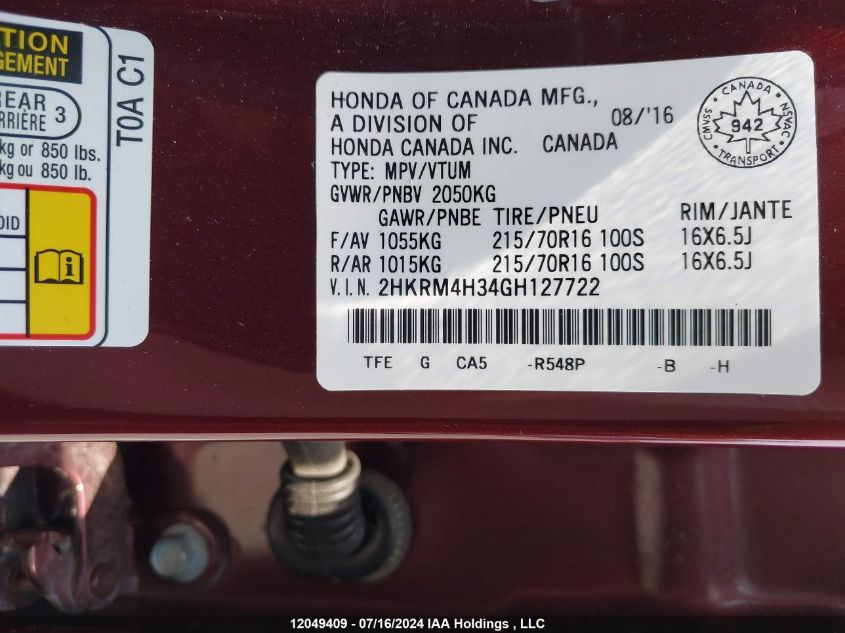 2016 Honda Cr-V VIN: 2HKRM4H34GH127722 Lot: 12049409