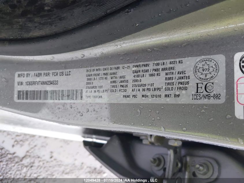 2022 Ram 1500 Sport VIN: 1C6SRFVT4NN234633 Lot: 12049428