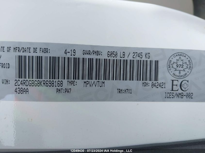 2019 Dodge Grand Caravan Cvp/Sxt VIN: 2C4RDGBG8KR698168 Lot: 12049430