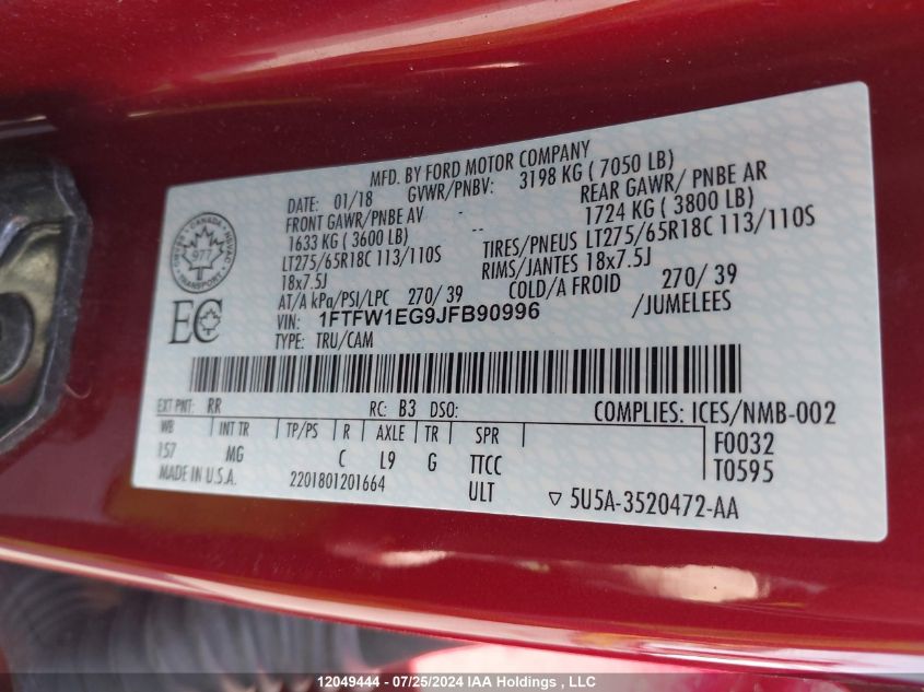 2018 Ford F150 Supercrew VIN: 1FTFW1EG9JFB90996 Lot: 12049444