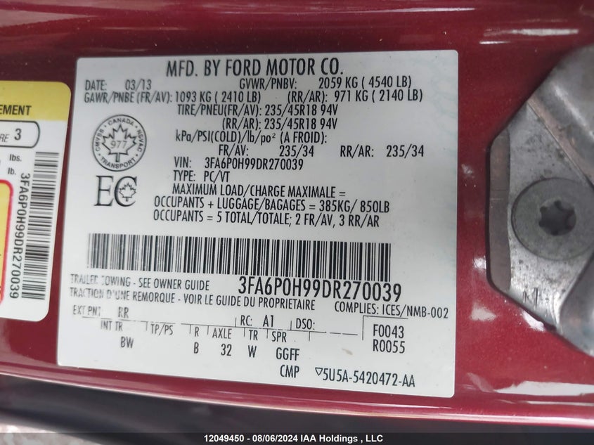 2013 Ford Fusion Se VIN: 3FA6P0H99DR270039 Lot: 12049450