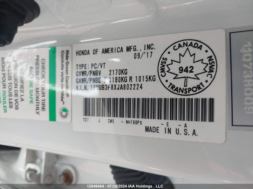 2018 Acura Tlx VIN: 19UUB3F8XJA802224 Lot: 12049454