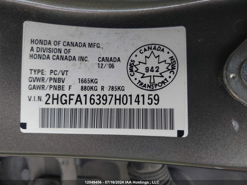 2007 Honda Civic Dx VIN: 2HGFA16397H014159 Lot: 12049456