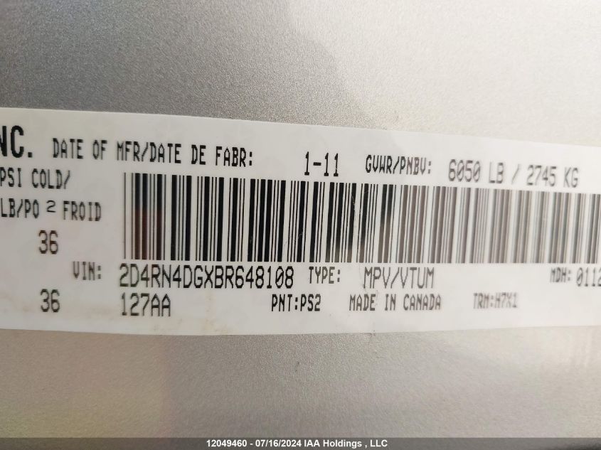 2011 Dodge Grand Caravan Express VIN: 2D4RN4DGXBR648108 Lot: 12049460