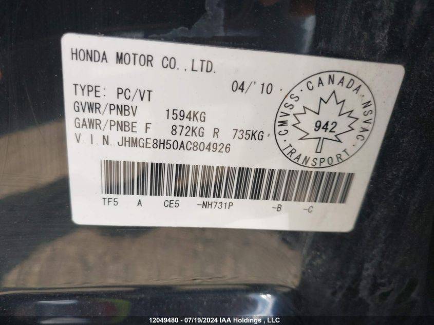 2010 Honda Fit VIN: JHMGE8H50AC804926 Lot: 12049480