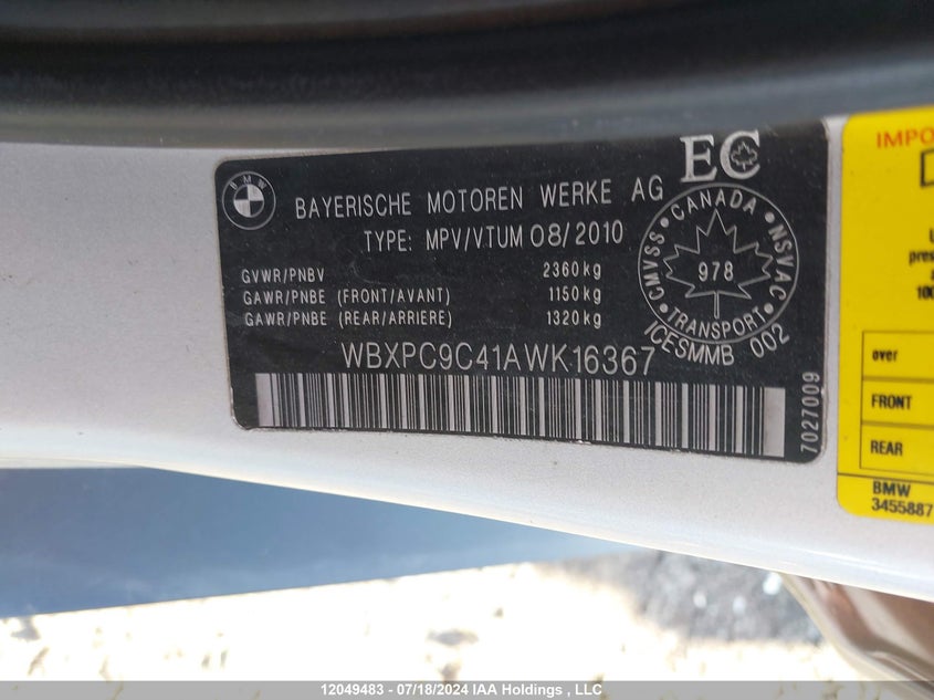 2010 BMW X3 3.0I VIN: WBXPC9C41AWK16367 Lot: 12049483