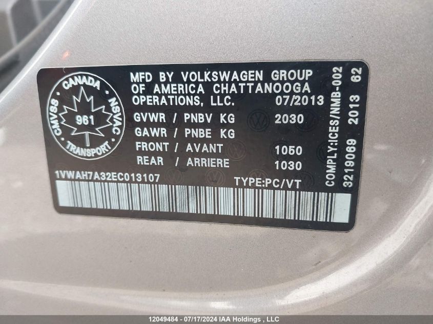 2014 Volkswagen Passat VIN: 1VWAH7A32EC013107 Lot: 12049484