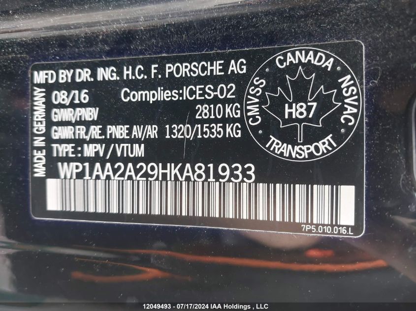 2017 Porsche Cayenne VIN: WP1AA2A29HKA81933 Lot: 12049493