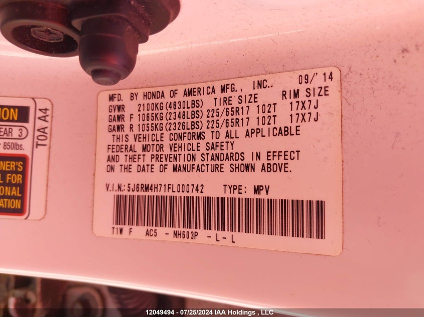 2015 Honda Cr-V VIN: 5J6RM4H71FL000742 Lot: 12049494