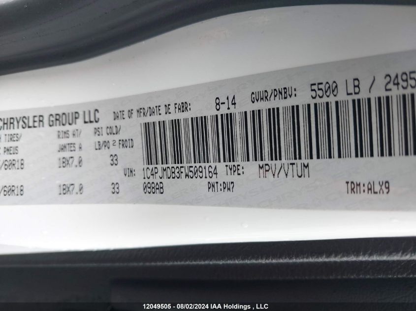 2015 Jeep Cherokee Limited VIN: 1C4PJMDB3FW509164 Lot: 12049505