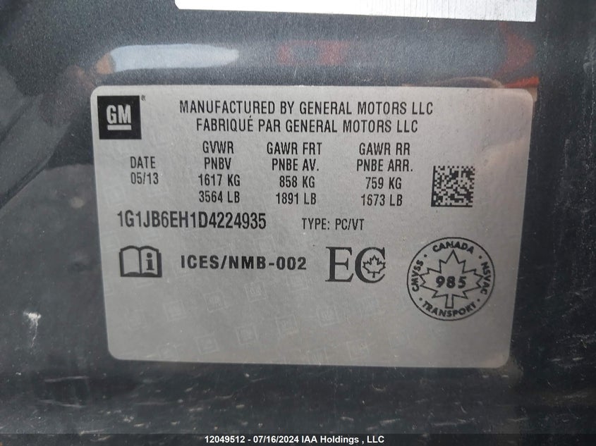 2013 Chevrolet Sonic VIN: 1G1JB6EH1D4224935 Lot: 12049512