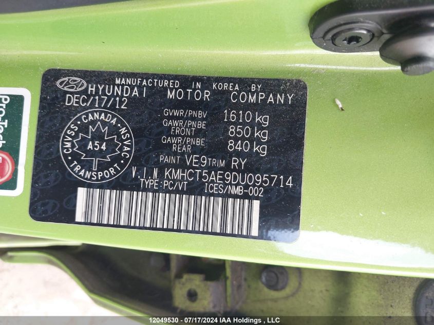 2013 Hyundai Accent Gl VIN: KMHCT5AE9DU095714 Lot: 12049530