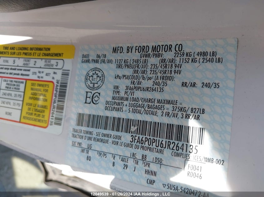 2018 Ford Fusion Se Phev VIN: 3FA6P0PU6JR264135 Lot: 12049539