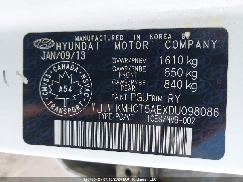 2013 Hyundai Accent VIN: KMHCT5AEXDU098086 Lot: 12049542