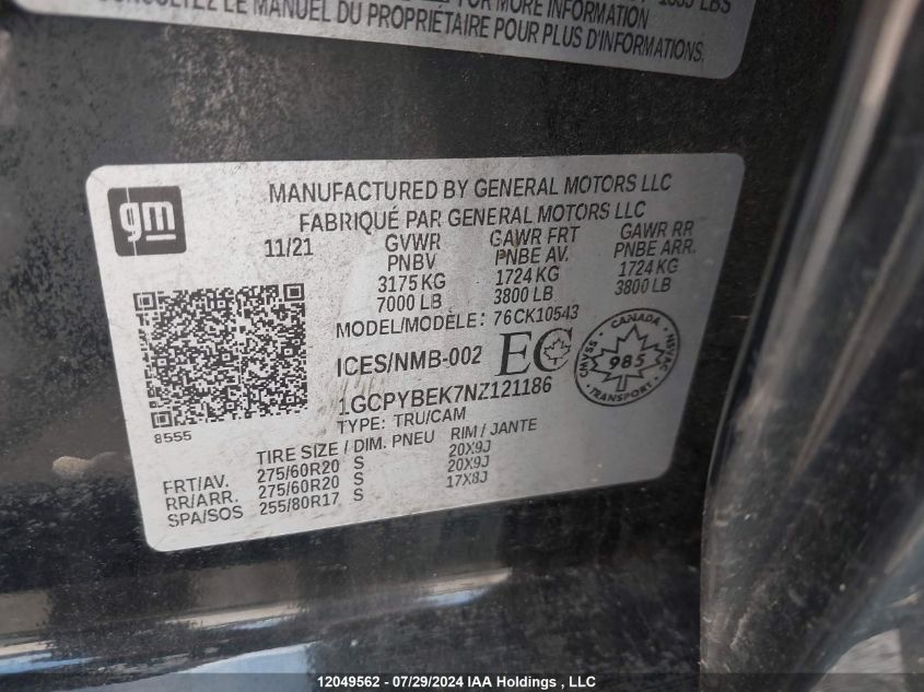 2022 Chevrolet Silverado 1500 Ltd VIN: 1GCPYBEK7NZ121186 Lot: 12049562