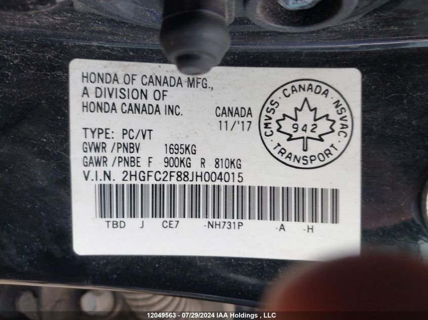 2018 Honda Civic Ex 4Dr VIN: 2HGFC2F88JH004015 Lot: 12049563