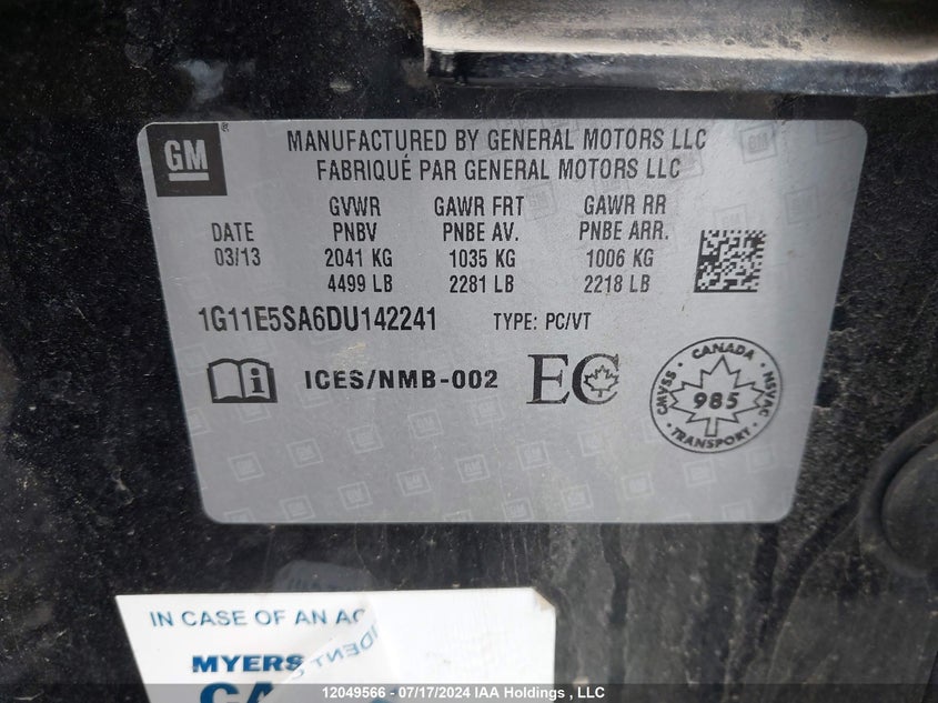 2013 Chevrolet Malibu VIN: 1G11E5SA6DU142241 Lot: 12049566