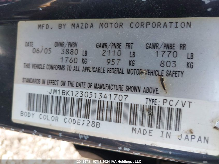 2005 Mazda Mazda3 VIN: JM1BK123051341707 Lot: 12049573