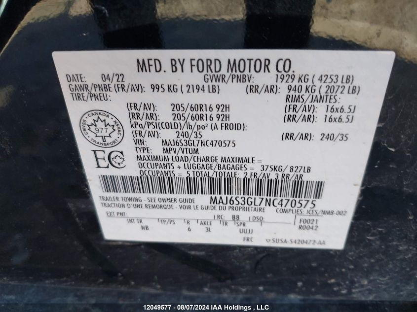 2022 Ford Ecosport VIN: MAJ6S3GL7NC470575 Lot: 12049577