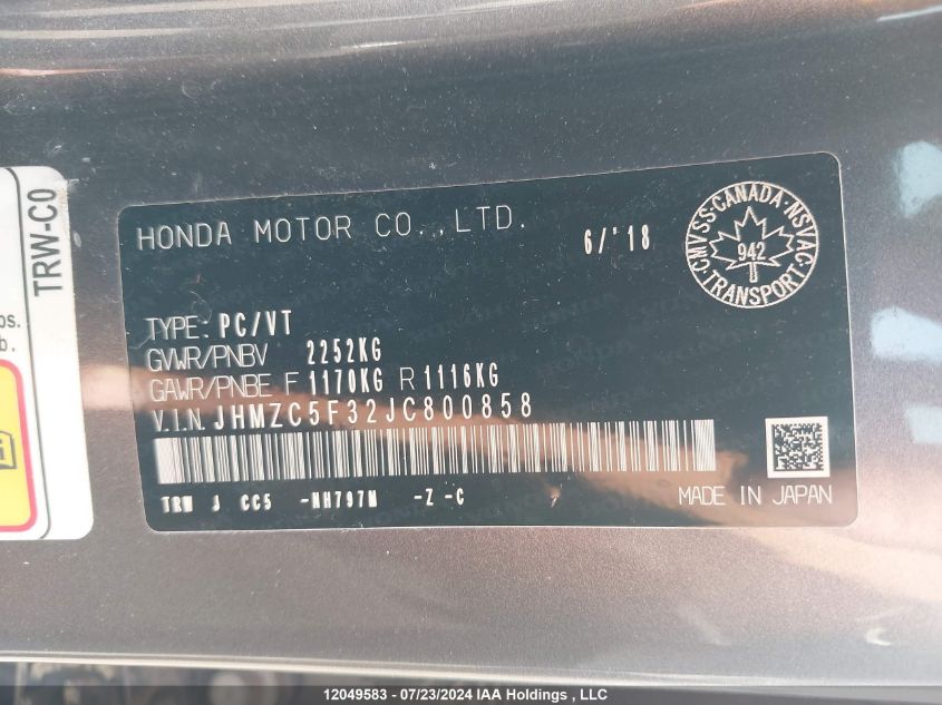 2018 Honda Clarity VIN: JHMZC5F32JC800858 Lot: 12049583