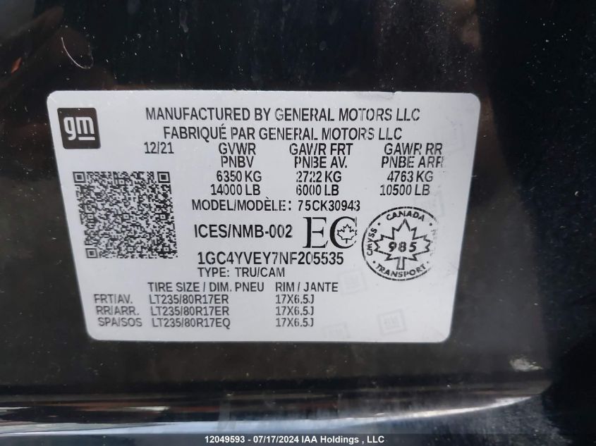 2022 Chevrolet Silverado 3500Hd VIN: 1GC4YVEY7NF205535 Lot: 12049593